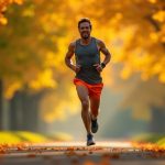 Runner pausing mid-stride on a sunlit park path, facial tension and posture indicating a cramp, with vibrant foliage and athletic gear in focus