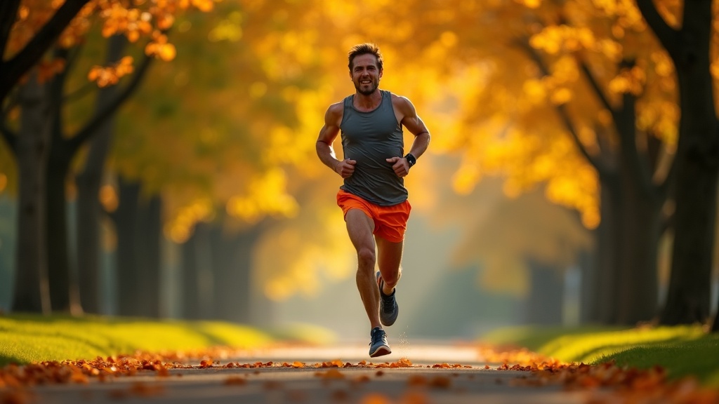 Runner pausing mid-stride on a sunlit park path, facial tension and posture indicating a cramp, with vibrant foliage and athletic gear in focus