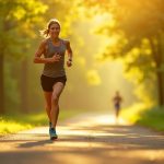 Runner in mid-stride on a sunlit park trail, legs blurred to show motion and fatigue, with focused expression and morning light filtering through trees