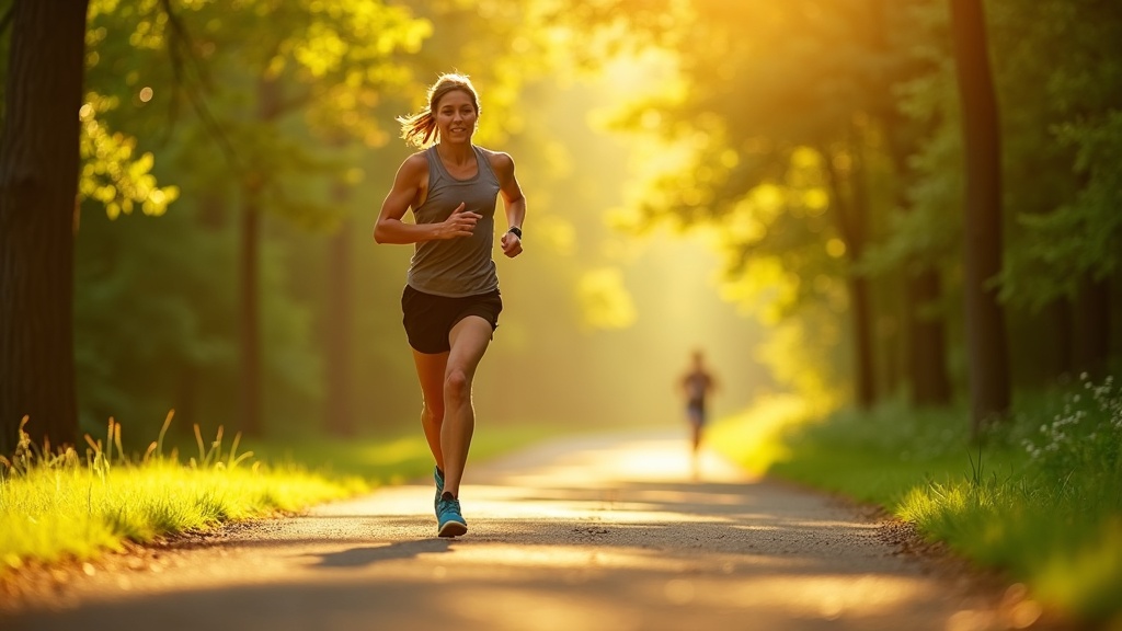 Runner in mid-stride on a sunlit park trail, legs blurred to show motion and fatigue, with focused expression and morning light filtering through trees