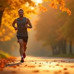 Runner pausing to stretch thoughtfully on a sunlit park path surrounded by autumn leaves, reflecting on recovery.