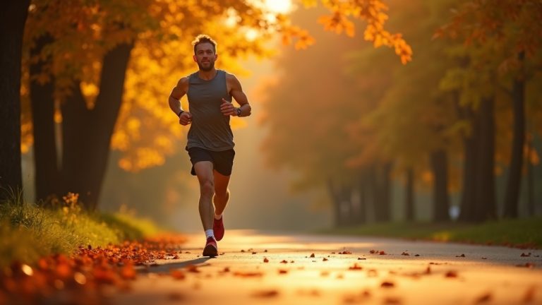 Runner pausing to stretch thoughtfully on a sunlit park path surrounded by autumn leaves, reflecting on recovery.