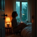A runner relaxing in a softly lit bedroom at dusk, sipping tea by the window and preparing for restful sleep.