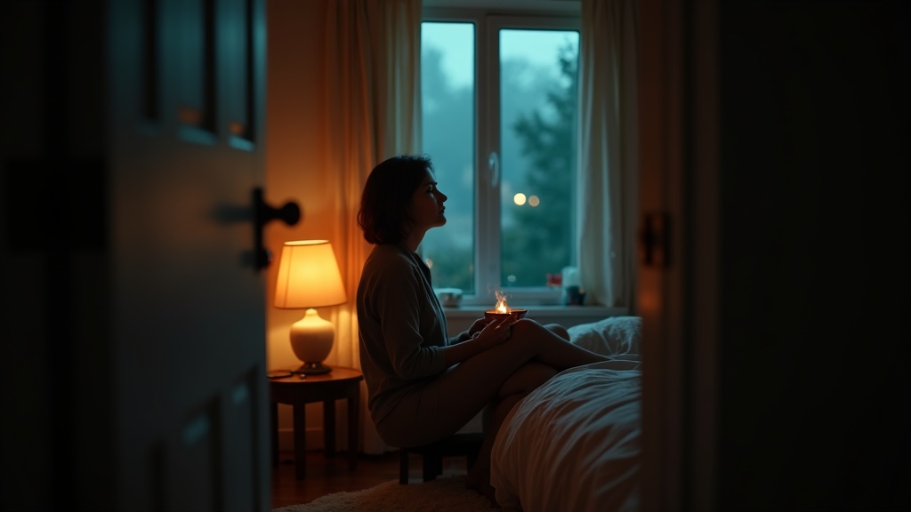 A runner relaxing in a softly lit bedroom at dusk, sipping tea by the window and preparing for restful sleep.
