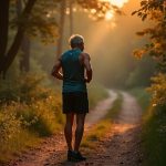 A thoughtful runner pauses at the fork of two woodland paths, considering their options in soft natural light that highlights the contrasting choices.