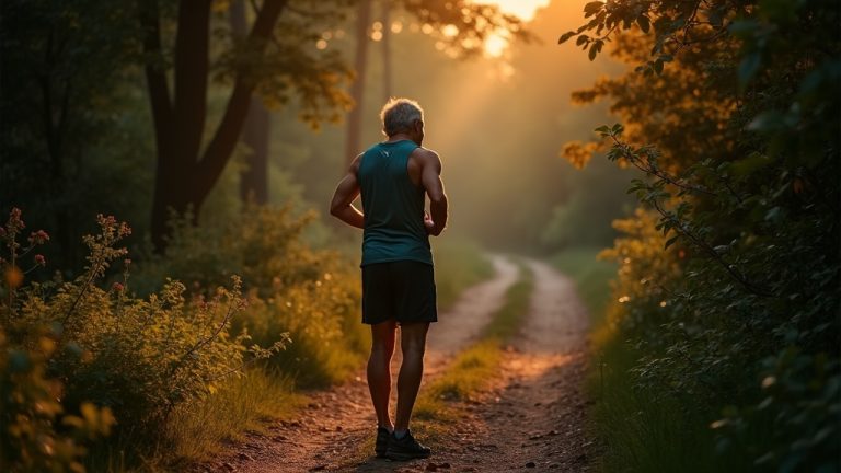 A thoughtful runner pauses at the fork of two woodland paths, considering their options in soft natural light that highlights the contrasting choices.
