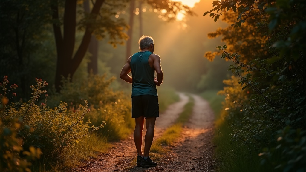A thoughtful runner pauses at the fork of two woodland paths, considering their options in soft natural light that highlights the contrasting choices.