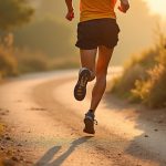 A runner in warm-toned attire moves along a curving outdoor path at sunrise, with varied ground textures highlighting natural light and emphasizing joint-conscious movement.