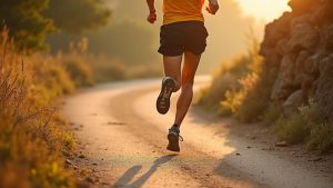 A runner in warm-toned attire moves along a curving outdoor path at sunrise, with varied ground textures highlighting natural light and emphasizing joint-conscious movement.