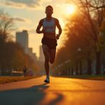 Runner in a city park at twilight, muscles defined in warm light, showing focused effort and movement amid glowing city lights and tree shadows.