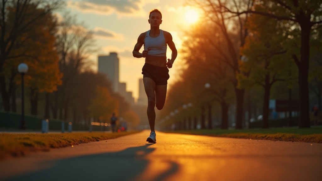 Runner in a city park at twilight, muscles defined in warm light, showing focused effort and movement amid glowing city lights and tree shadows.