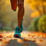 Runner mid-stride in teal shoes with natural light highlighting foot alignment on a park path surrounded by green foliage and orange leaves.