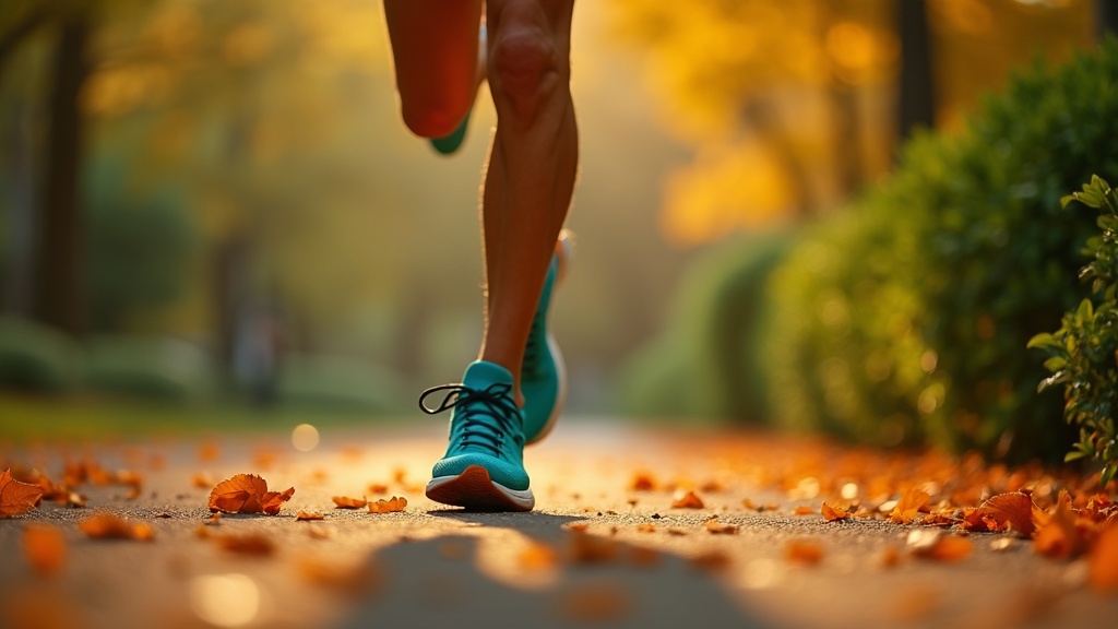 Runner mid-stride in teal shoes with natural light highlighting foot alignment on a park path surrounded by green foliage and orange leaves.
