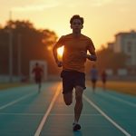 Runner on an outdoor track at dusk, sharply focused with a blurred silhouette echoing motion, reflecting internal struggle and tension.
