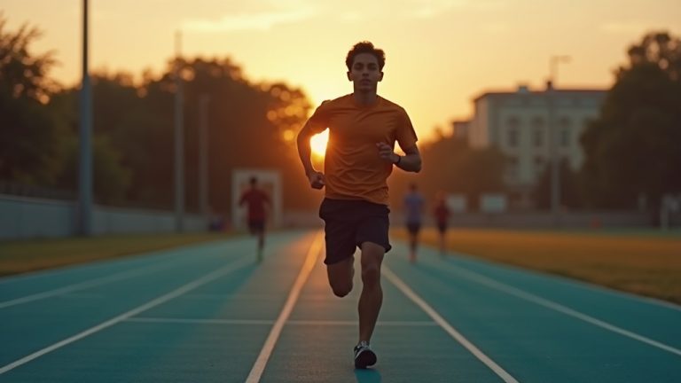 Runner on an outdoor track at dusk, sharply focused with a blurred silhouette echoing motion, reflecting internal struggle and tension.