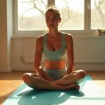 Runner in early morning sunlight stretches on a yoga mat in a warm, inviting room with fitness equipment, reflecting active recovery between workouts.