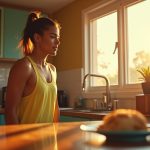 Runner in a sunlit kitchen choosing between two breakfast options before a morning run, with warm light and vibrant colors highlighting a thoughtful moment.