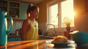 Runner in a sunlit kitchen choosing between two breakfast options before a morning run, with warm light and vibrant colors highlighting a thoughtful moment.