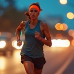 Runner in mid-stride at dusk on a city street, focused and determined, with vibrant city lights creating dynamic background motion.