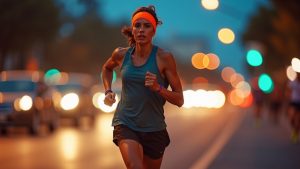 Runner in mid-stride at dusk on a city street, focused and determined, with vibrant city lights creating dynamic background motion.