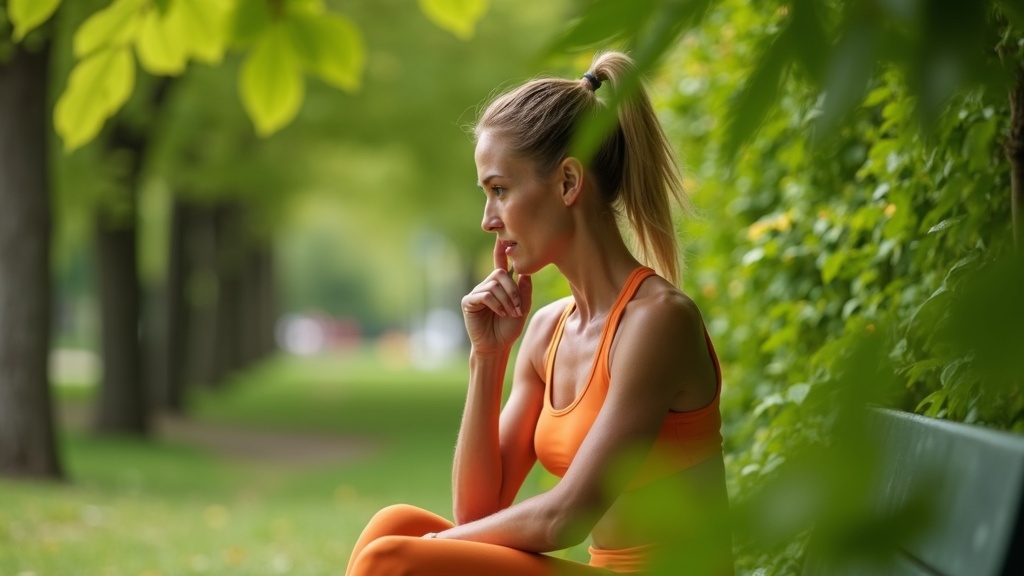 Female runner sitting on a park bench, thoughtfully checking her heart rate monitor after a run, framed by green foliage and dappled sunlight.