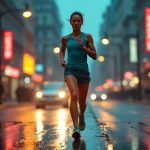 A focused runner in teal gear pauses thoughtfully amid city lights and wet pavement, capturing a moment of reflection during training stagnation.