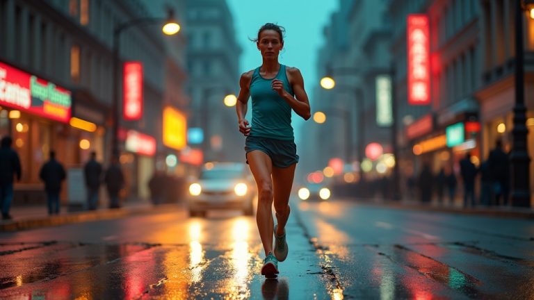 A focused runner in teal gear pauses thoughtfully amid city lights and wet pavement, capturing a moment of reflection during training stagnation.