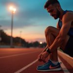 A runner sits on a track at dusk under mixed lighting, focused on adjusting their shoes as the evening lights highlight their preparation and reflection after a run.