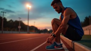 A runner sits on a track at dusk under mixed lighting, focused on adjusting their shoes as the evening lights highlight their preparation and reflection after a run.