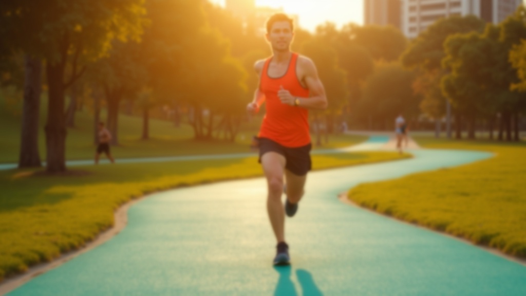 Focused runner navigating a colorful urban park path at sunset, captured mid-stride with a look of uncertainty that reflects the challenge of overcoming a training plateau.