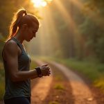 Focused runner pausing on a sunlit forest trail to check their heart rate monitor, highlighting practical use of heart rate zones during training.