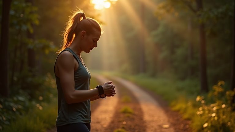 Focused runner pausing on a sunlit forest trail to check their heart rate monitor, highlighting practical use of heart rate zones during training.