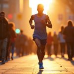 A thoughtful runner pauses to stretch on a busy city street at dawn, reflecting on recovery amid the early flow of pedestrians.