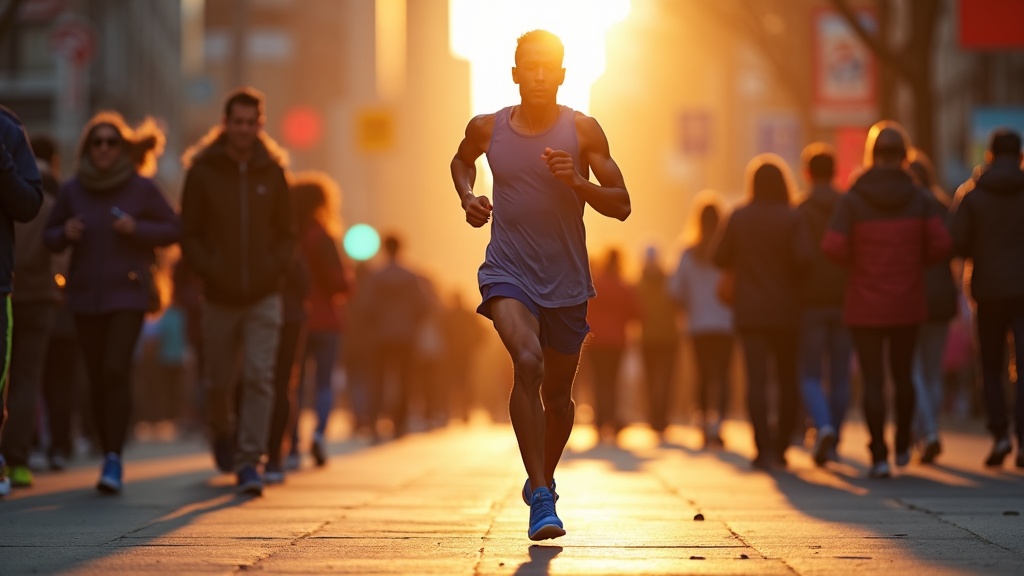 A thoughtful runner pauses to stretch on a busy city street at dawn, reflecting on recovery amid the early flow of pedestrians.