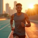 Focused runner checks wearable device mid-stride on an urban track at sunrise, highlighting the role of recovery data in training.