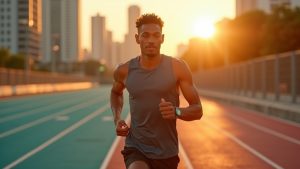 Focused runner checks wearable device mid-stride on an urban track at sunrise, highlighting the role of recovery data in training.