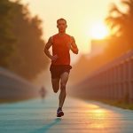 Lone runner at dawn striding along an urban trail, motion blurred limbs and intense focus, cityscape and warm natural light setting the scene