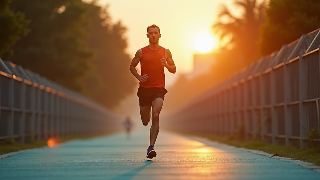 Lone runner at dawn striding along an urban trail, motion blurred limbs and intense focus, cityscape and warm natural light setting the scene