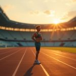 Runner standing alone at dawn on an empty stadium track, deep in thought after finishing a race, with morning light casting long shadows.
