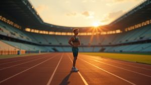 Runner standing alone at dawn on an empty stadium track, deep in thought after finishing a race, with morning light casting long shadows.