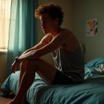 Runner in early morning light sits on a bed in running gear, reflecting on tiredness and recovery with gentle shadows and warm tones.