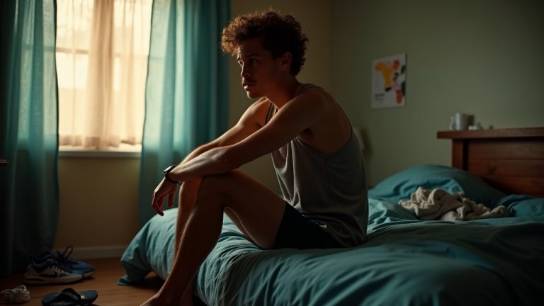 Runner in early morning light sits on a bed in running gear, reflecting on tiredness and recovery with gentle shadows and warm tones.
