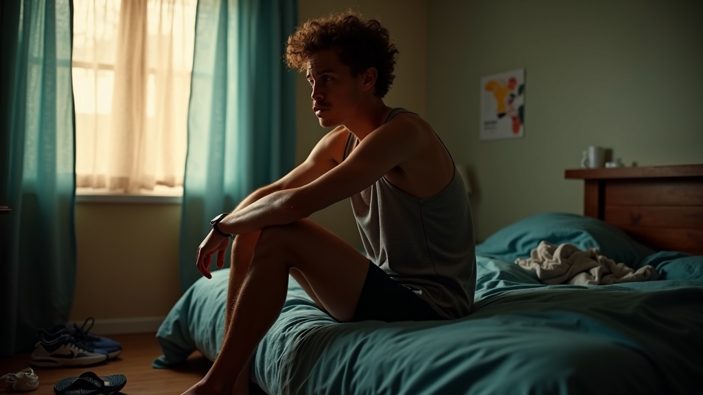 Runner in early morning light sits on a bed in running gear, reflecting on tiredness and recovery with gentle shadows and warm tones.