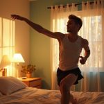 A young runner stretches in a warmly lit bedroom at dawn, reflecting on their workout and preparing for restful sleep.