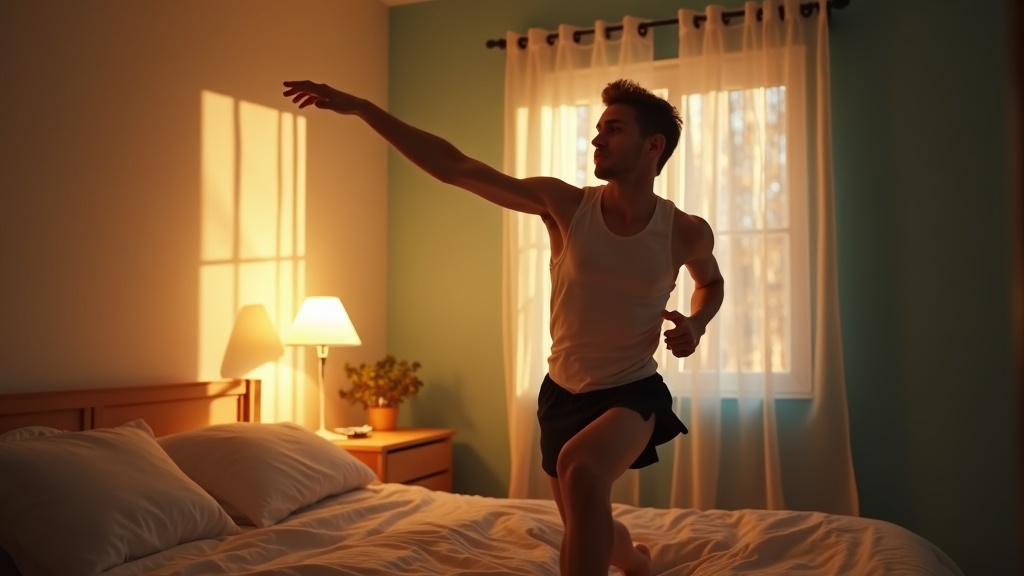 A young runner stretches in a warmly lit bedroom at dawn, reflecting on their workout and preparing for restful sleep.