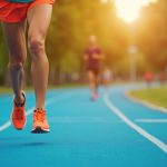 A focused runner on a blue track at sunset, pausing and glancing at their knee with a thoughtful expression, highlighting awareness of joint discomfort during training.