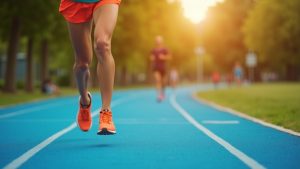 A focused runner on a blue track at sunset, pausing and glancing at their knee with a thoughtful expression, highlighting awareness of joint discomfort during training.